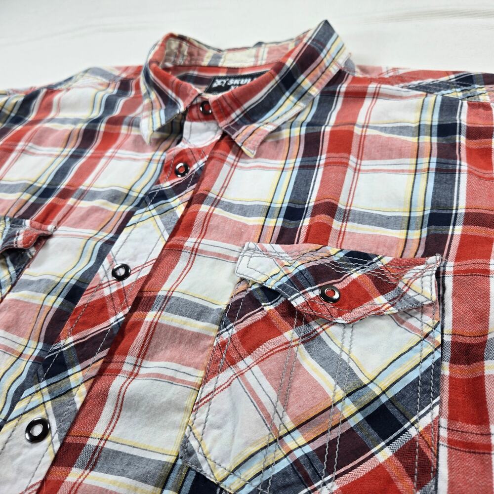 Skully Western Button‎ Snap Red Plaid Long Sleeve Cowboy Shirt Men's Size XL